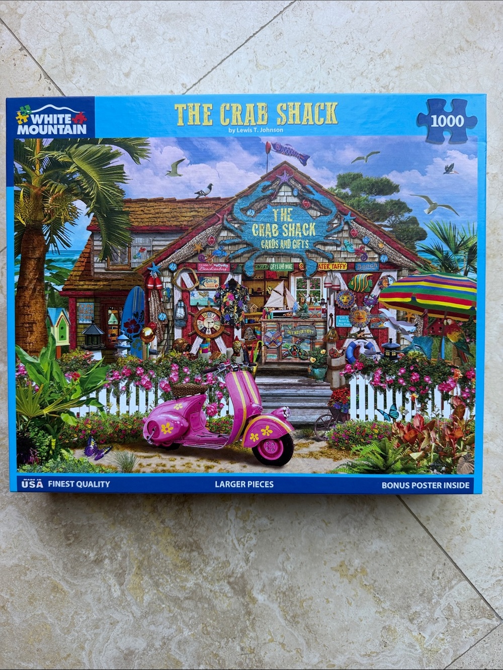 White Mountain The Crab Shack Puzzle - Pink Scooter & Tropical Market Scene